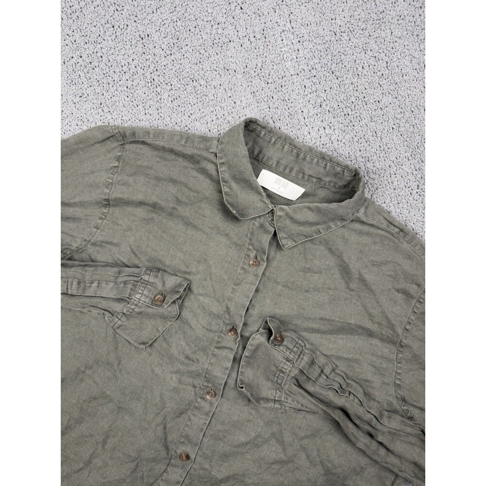 Uniqlo Shirt Womens M Green Long Sleeve Linen Button Up Office Casual Breathable